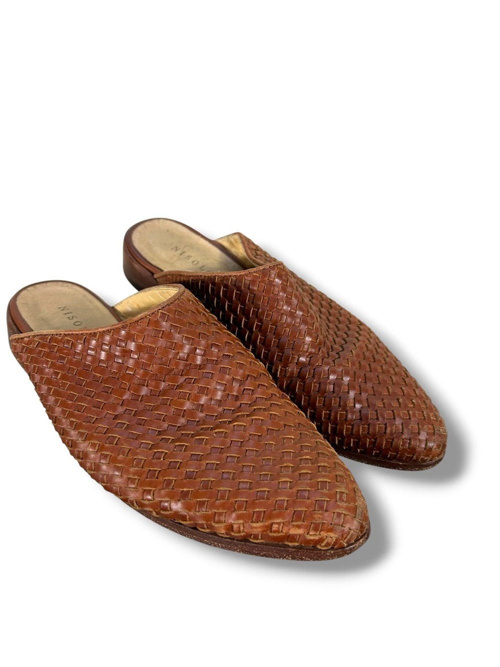 Nisolo Ama Leather Brandy Brown Woven Slip On Mules Size 9.5